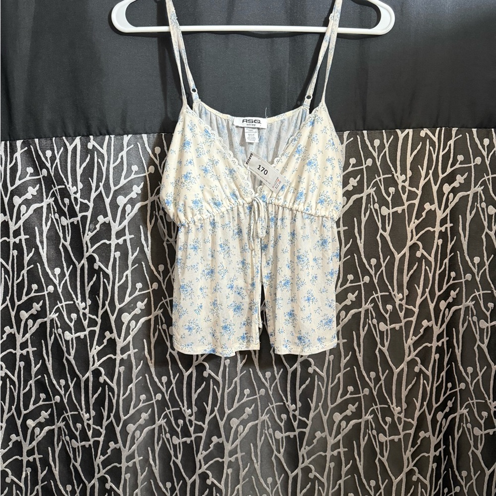 Tilly's Cream and Blue Floral Tank Top